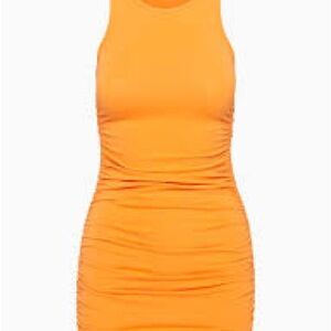 TNA Malibu chill  Sleeveless Ruched Bodycon Mini Dress in orange hue